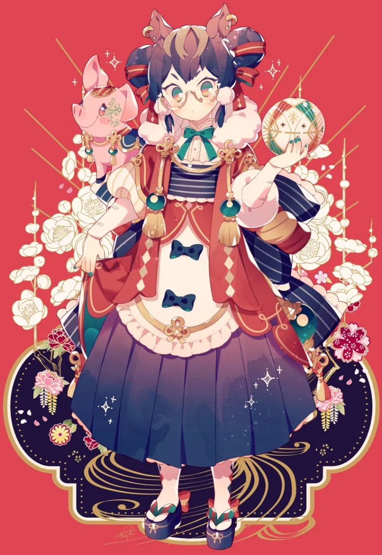 国风少女手机壁纸｜红底插画背景图片 - 多臂萌系可爱造型「哲风壁纸」