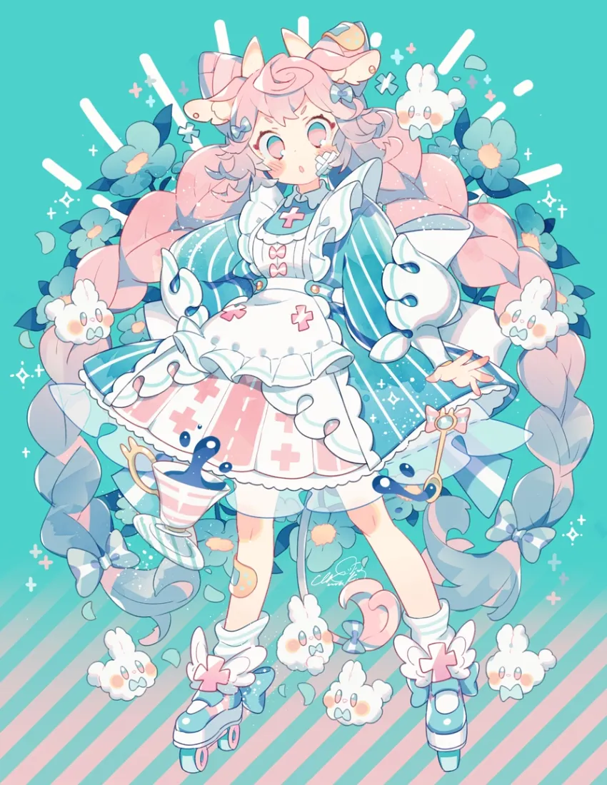 粉发双麻花女孩手机壁纸｜青绿色背景图片 - 护士裙兔子萌系插画「哲风壁纸」