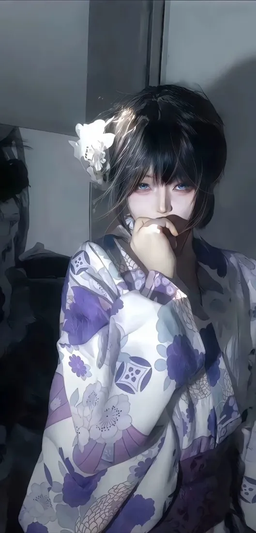 和服少女手机壁纸｜冷调室内背景图片 - 白花发饰紫白和服「哲风壁纸」