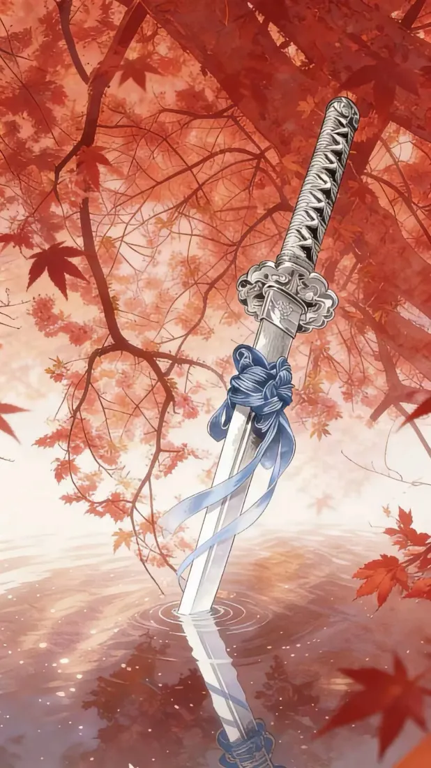 武士刀手机壁纸｜红枫秋景背景图片 - 蓝绳银刀日式插画「哲风壁纸」