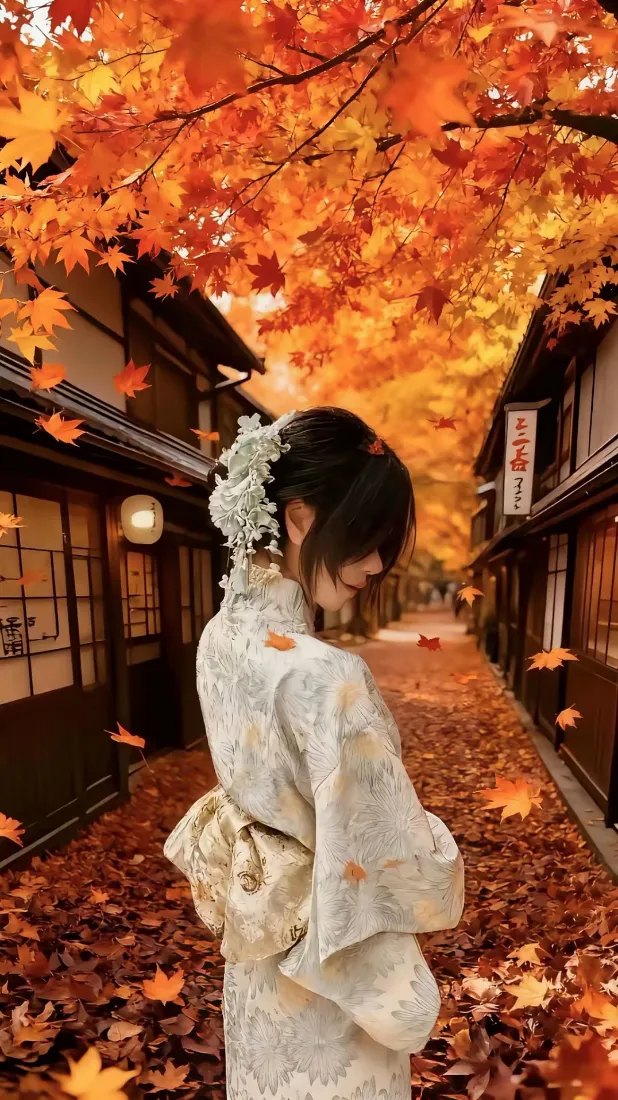 和服少女手机壁纸｜秋日红枫背景图片 - 日式古街落叶氛围「哲风壁纸」