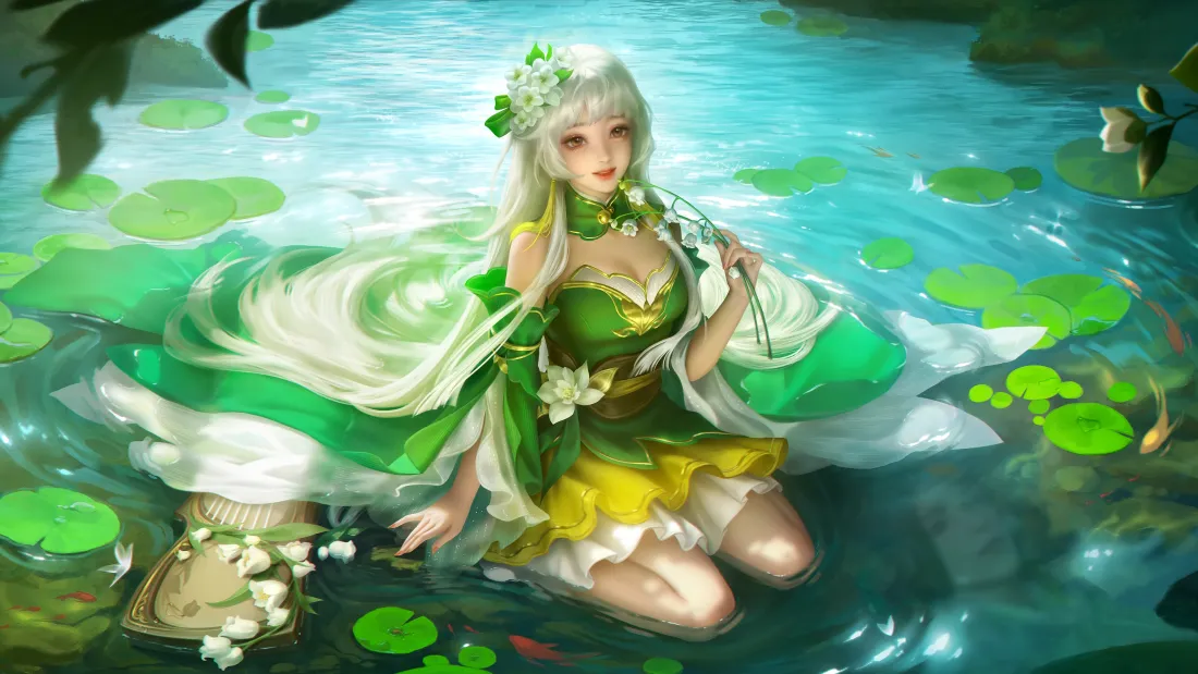 4k三国杀小乔壁纸｜荷塘戏水背景图片 - 绿裙古风少女「哲风壁纸」
