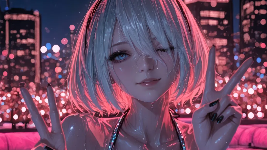 4k尼尔机械纪元2B壁纸|霓虹都市背景图片 - 眨眼比耶短发少女「哲风壁纸」 4k尼尔机械纪元2B壁纸|霓虹都市背景图片 - 眨眼比耶短发少女「哲风壁纸」