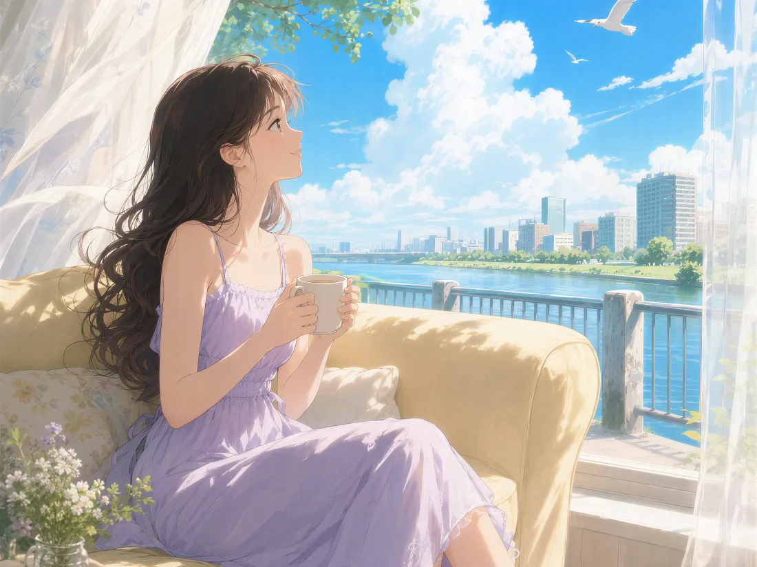 4k紫裙少女壁纸｜窗边江景背景图片 - 治愈休闲时光「哲风壁纸」