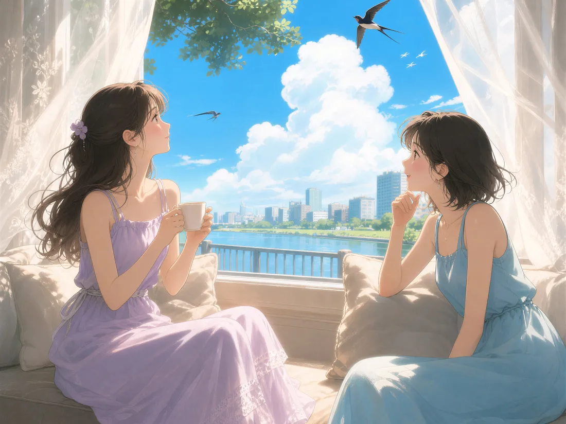 4k动漫女孩壁纸｜窗边观景背景图片 - 夏日晴日阳台闲坐「哲风壁纸」