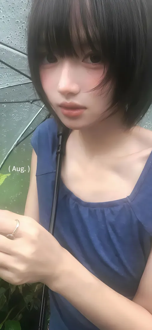 短发美女手机壁纸｜蓝色吊带背景图片 - 雨天撑伞氛围感「哲风壁纸」