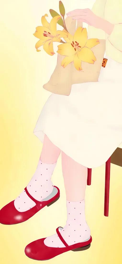 黄百合插画｜红鞋少女背景图片 - 暖黄清新「哲风壁纸」