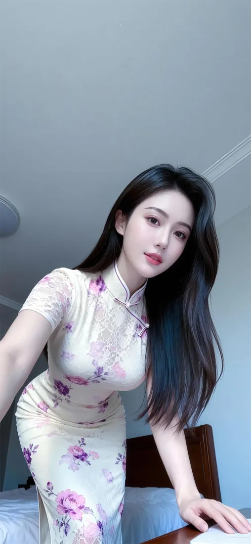 旗袍美女手机壁纸｜室内居家背景图片 - 黑长直印花旗袍气质女生「哲风壁纸」