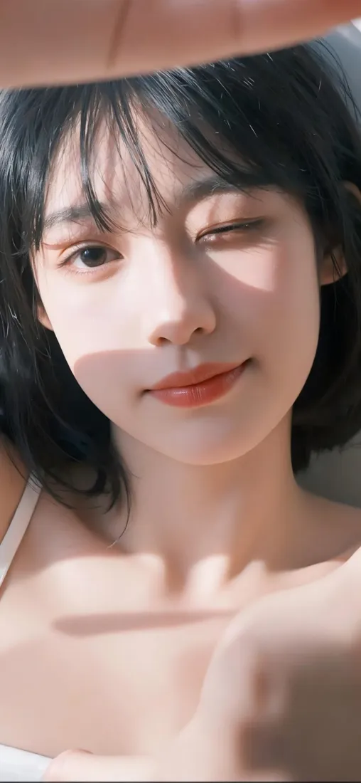 短发少女手机壁纸|眨眼微笑背景图片 - 白吊带阳光光影「哲风壁纸」 短发少女手机壁纸|眨眼微笑背景图片 - 白吊带阳光光影「哲风壁纸」