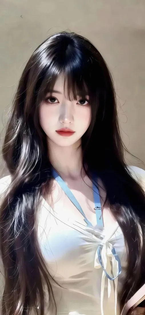 黑长直美女手机壁纸｜白衫蓝带背景图片 - 清纯女生人像「哲风壁纸」
