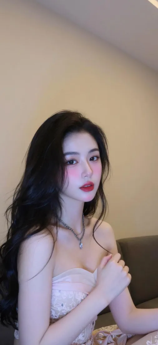 长发美女手机壁纸｜室内背景图片 - 抹胸穿搭氛围感写真「哲风壁纸」