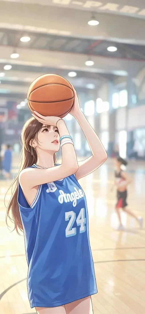 篮球少女手机壁纸｜室内球场背景图片 - 投篮蓝衣长发女孩「哲风壁纸」