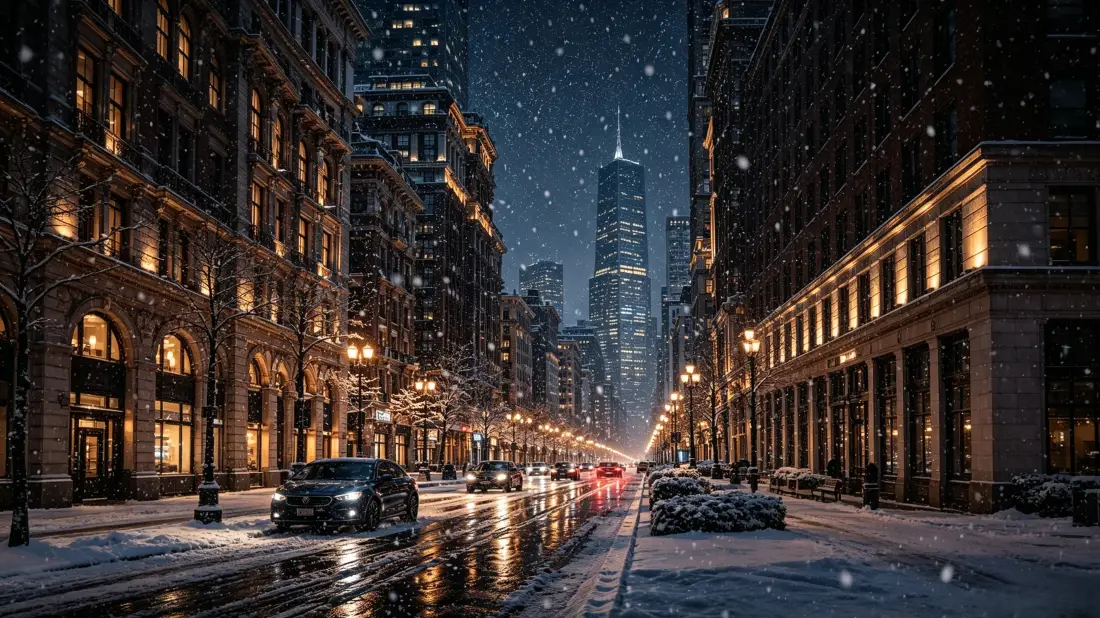 3k芝加哥雪夜城市街道壁纸｜暖灯车流背景图片 - 冬日都市夜景「哲风壁纸」