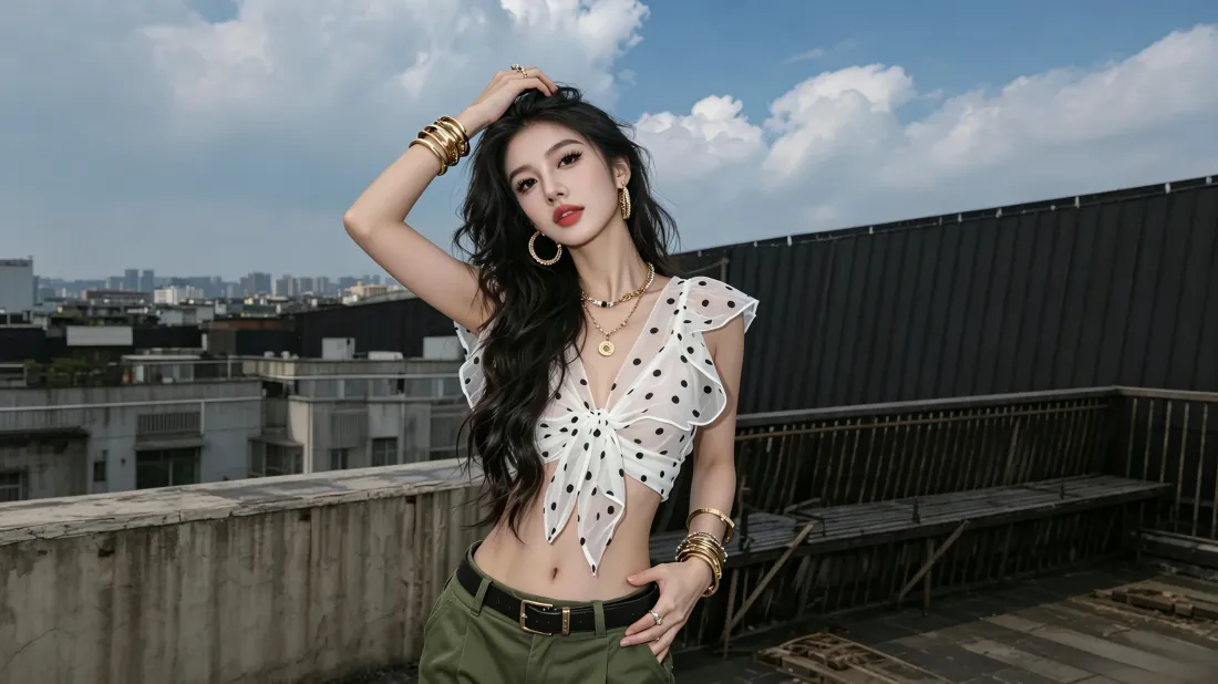 3k酷飒美女壁纸｜天台背景图片 - 波点上衣军绿裤穿搭「哲风壁纸」