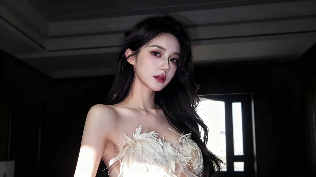 3k冷艳美女壁纸｜白色羽毛抹胸背景图片 - 黑长卷发红唇御姐「哲风壁纸」