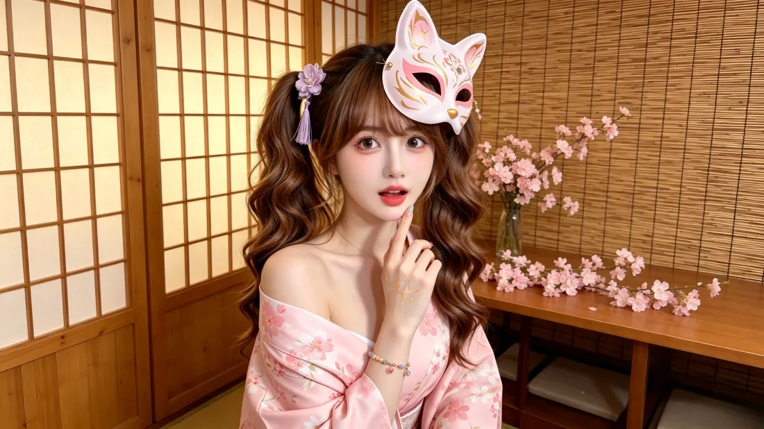 3k和风少女壁纸｜日式房间背景图片 - 狐狸面具樱花「哲风壁纸」