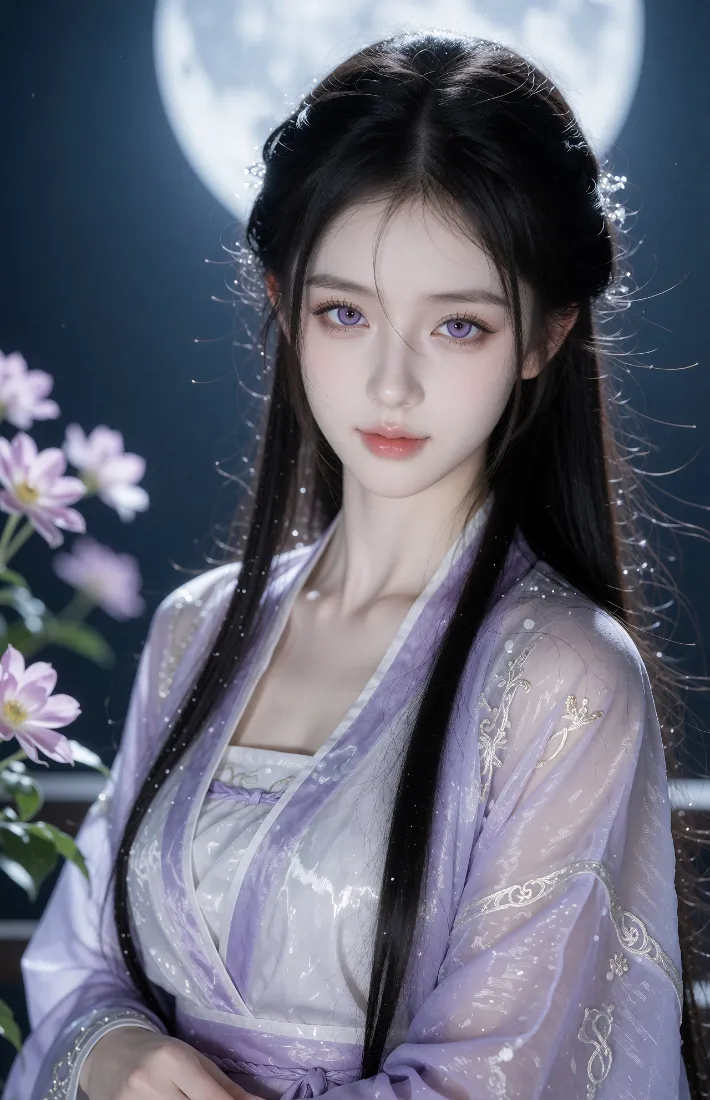 紫衣古风美女手机壁纸｜月夜花前背景图片 - 紫瞳汉服清冷「哲风壁纸」