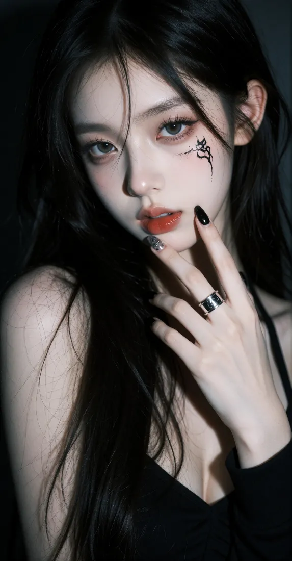 酷感美女手机壁纸｜暗黑风人像背景图片 - 眼下纹身黑长直「哲风壁纸」