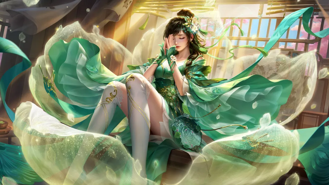 4k三国杀陆郁生壁纸｜绿衣白丝背景图片 - 荷韵古风少女「哲风壁纸」