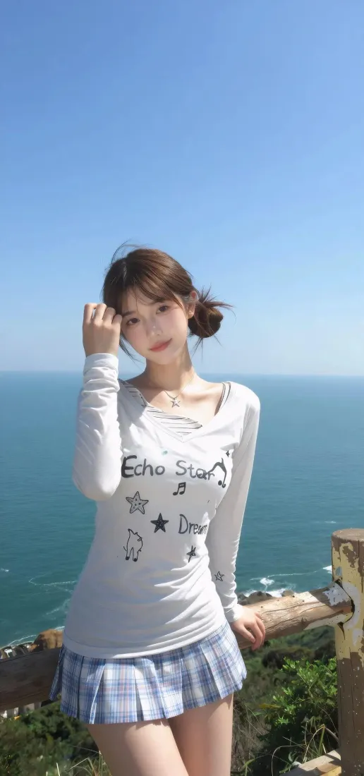 海边美女｜蓝天大海背景图片 - 白上衣格纹百褶裙「哲风壁纸」