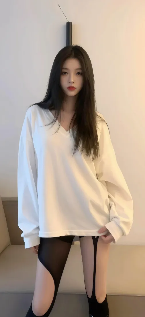长发美女手机壁纸｜室内背景图片 - 白卫衣黑丝穿搭「哲风壁纸」