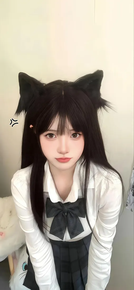 猫耳JK少女手机壁纸｜甜酷女生头像背景图片 - 软萌黑长直穿搭「哲风壁纸」