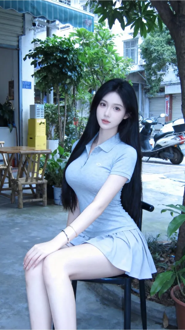 长发美女｜浅蓝连衣裙背景图片 - 户外街拍清新「哲风壁纸」