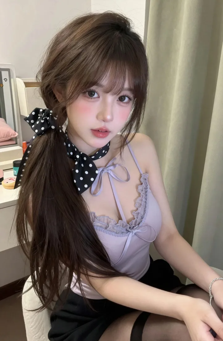 甜系少女手机壁纸｜室内自拍背景图片 - 紫吊带黑丝穿搭「哲风壁纸」