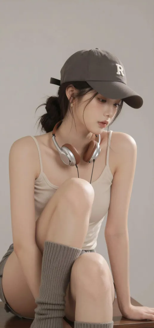 棒球帽美女手机壁纸｜纯欲风背景图片 - 吊带耳机穿搭「哲风壁纸」