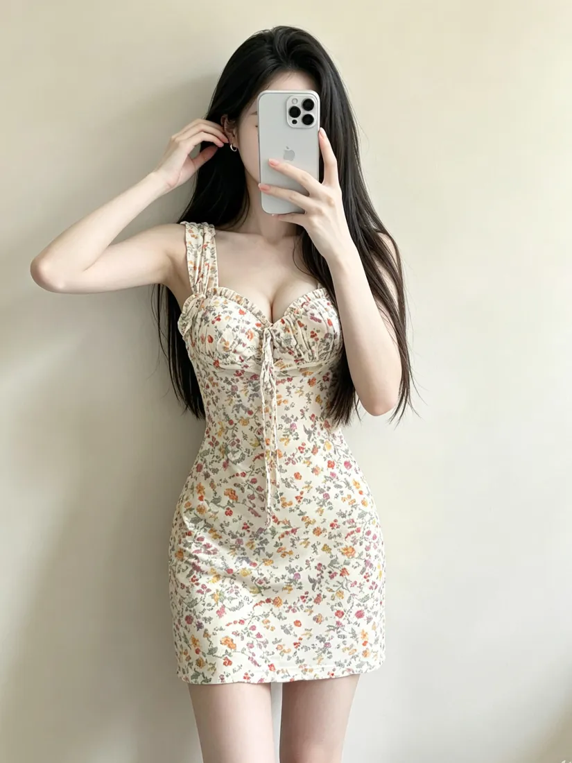碎花吊带裙美女手机壁纸｜对镜自拍背景图片 - 性感辣妹穿搭「哲风壁纸」