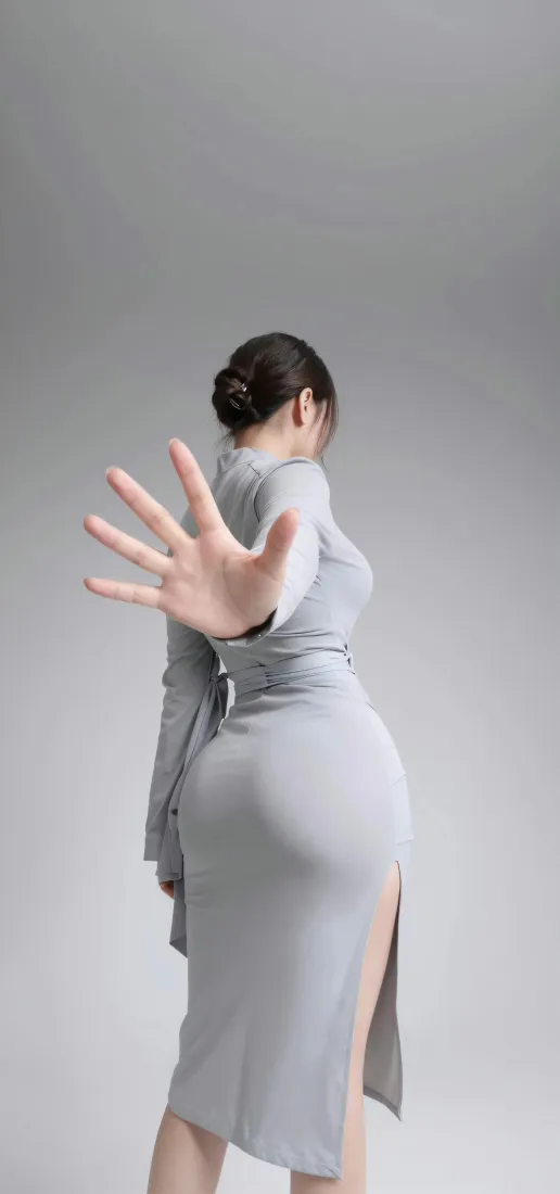 灰裙美女手机壁纸｜简约背景图片 - 伸手回头盘发造型「哲风壁纸」