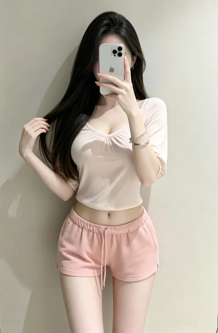 粉白穿搭美女手机壁纸｜对镜自拍背景图片 - 好身材居家随拍「哲风壁纸」
