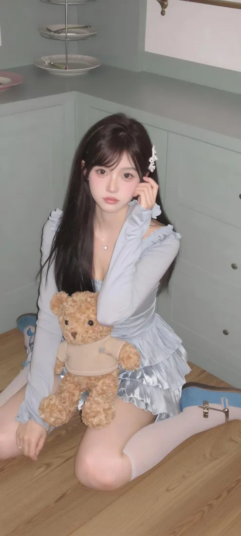 纯欲美女手机壁纸｜室内坐地背景图片 - 小熊玩偶浅蓝裙「哲风壁纸」