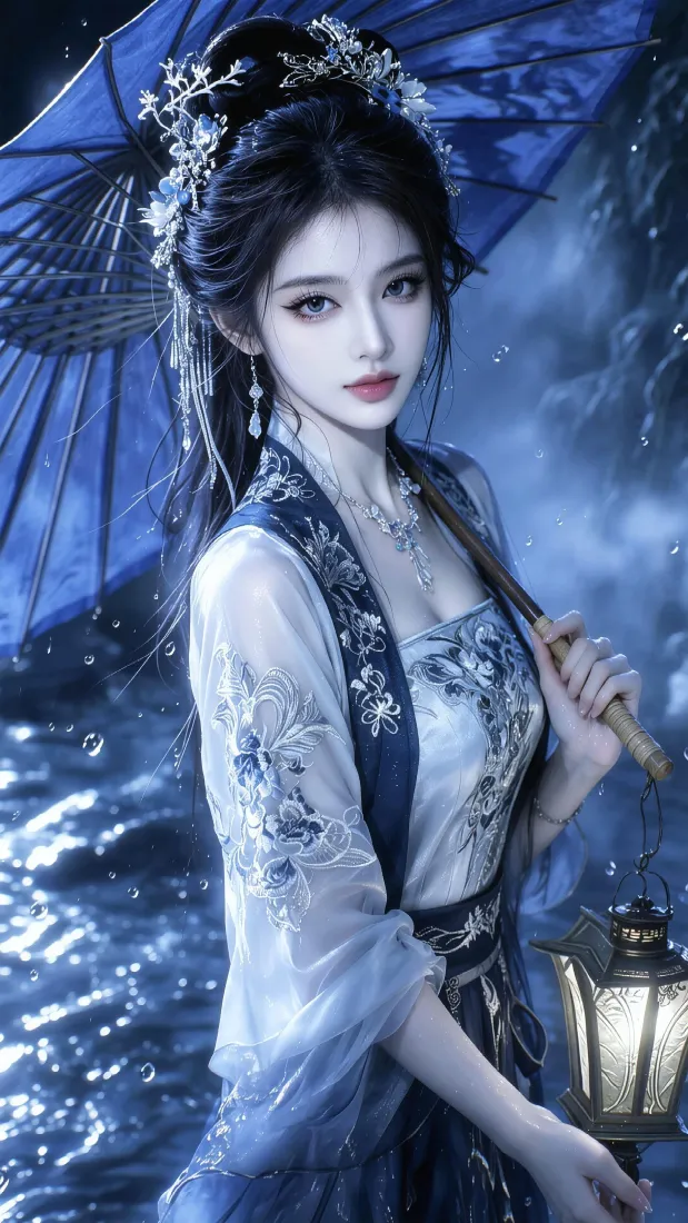 古风蓝衣美人|水面夜景背景 - 持伞提灯清冷氛围感「哲风壁纸」 古风蓝衣美人|水面夜景背景 - 持伞提灯清冷氛围感「哲风壁纸」