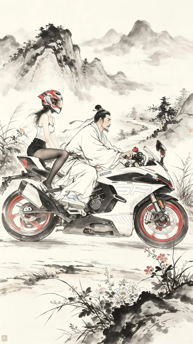 古风男子骑摩托手机壁纸｜水墨山水背景图片 - 创意混搭国风插画「哲风壁纸」