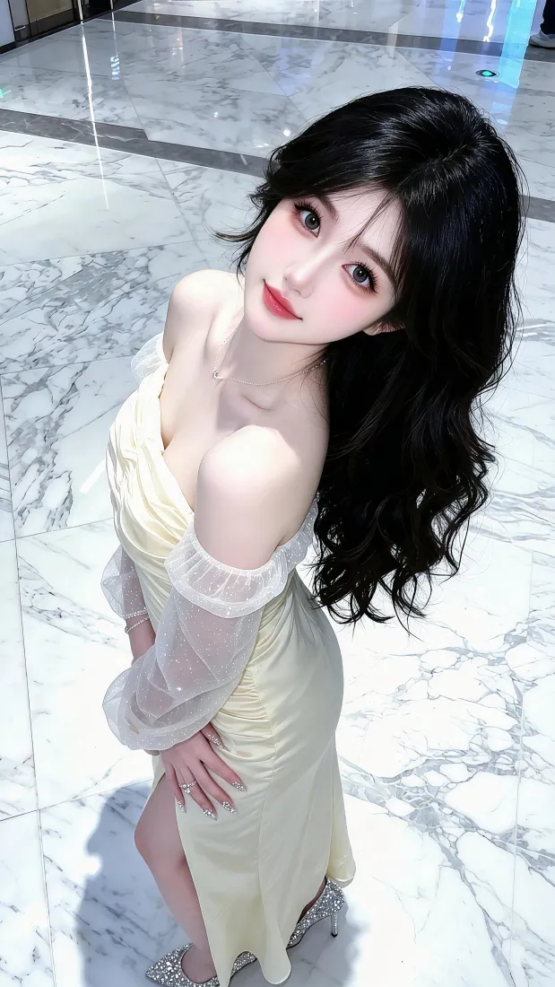 黄裙长发美女手机壁纸|大理石地面背景图片 - 露肩长裙氛围感「哲风壁纸」 黄裙长发美女手机壁纸|大理石地面背景图片 - 露肩长裙氛围感「哲风壁纸」