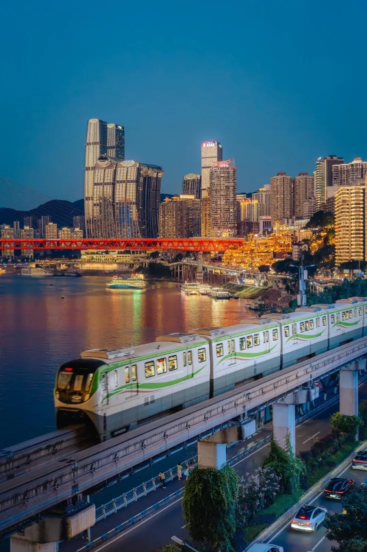 重庆城市江景手机壁纸｜暮色单轨背景图片 - 山城夜景「哲风壁纸」