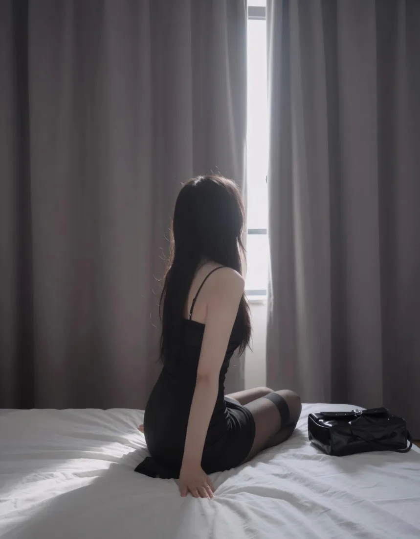 吊带黑裙美女手机壁纸｜卧室窗边背景图片 - 氛围感居家写真「哲风壁纸」
