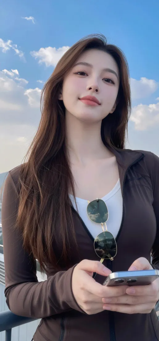 气质美女手机壁纸｜户外蓝天背景图片 - 棕衣穿搭随拍「哲风壁纸」
