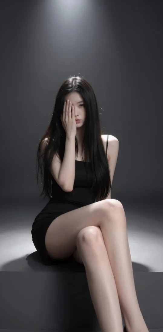 黑裙长发美女手机壁纸｜冷调光影背景图片 - 氛围感坐姿人像「哲风壁纸」