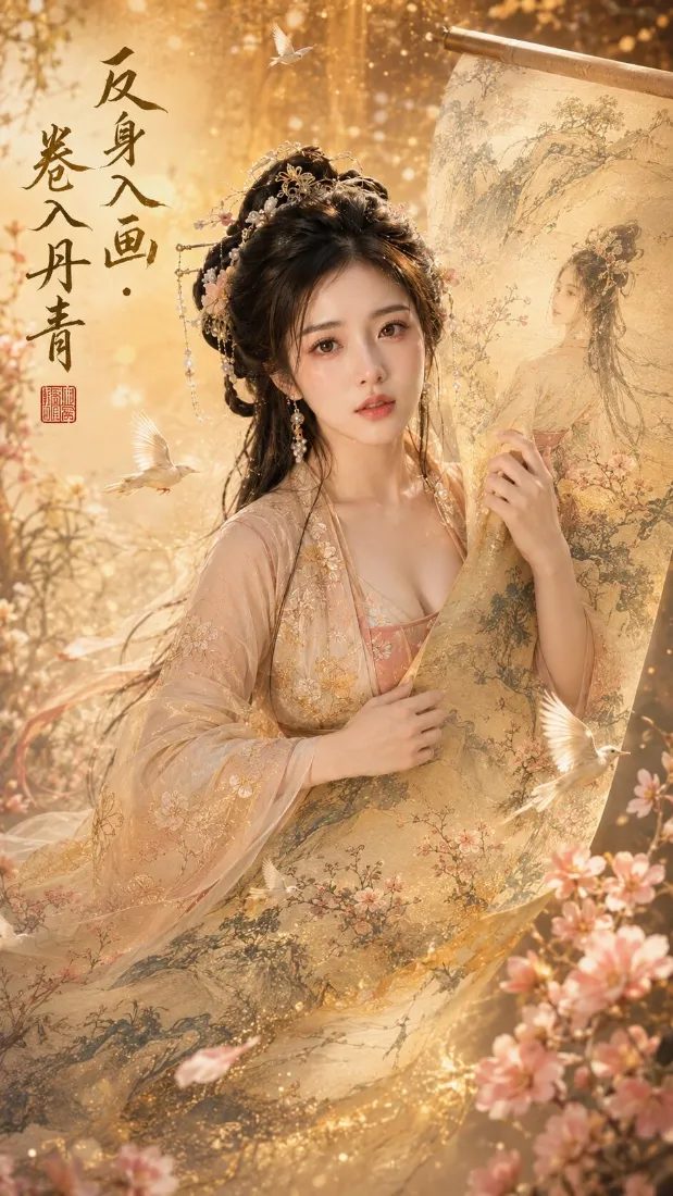 古风汉服美女手机壁纸｜暖金画卷背景 - 花影丹青意境「哲风壁纸」