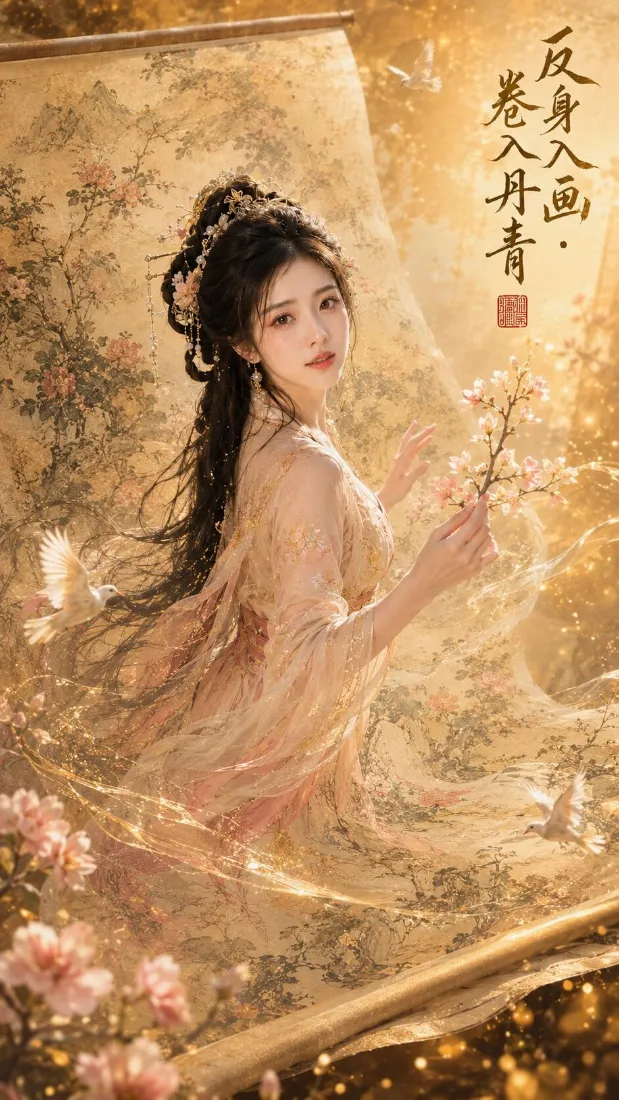 古风汉服美女手机壁纸｜画卷背景图片 - 桃花暖调国风「哲风壁纸」