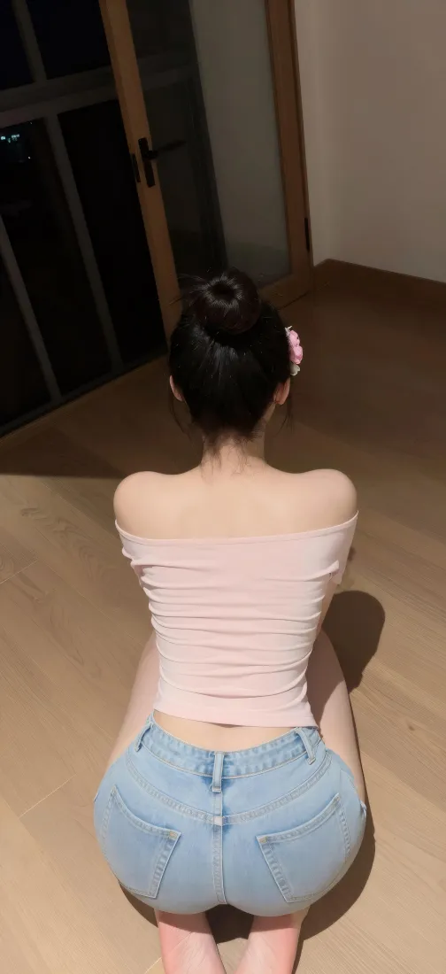 丸子头美女背影｜室内居家背景图片 - 露肩上衣牛仔裤「哲风壁纸」