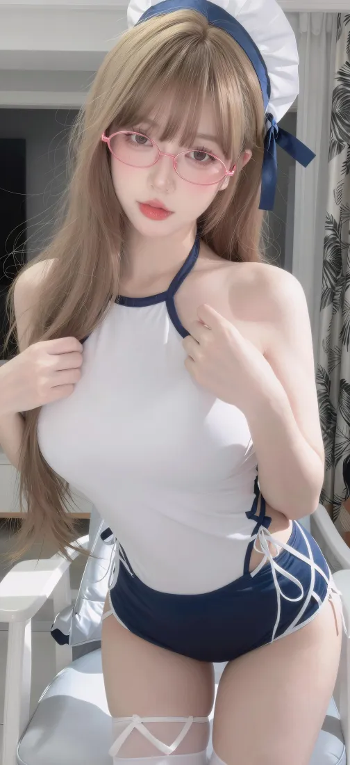 二次元少女手机壁纸｜蓝白泳装背景图片 - 眼镜白丝甜美造型「哲风壁纸」