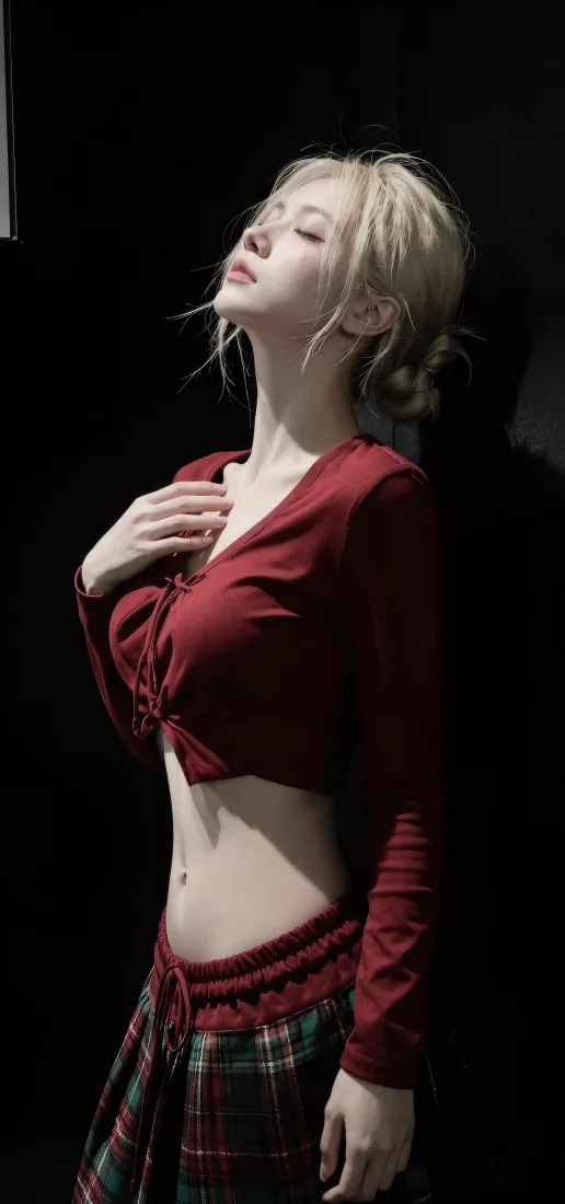 金发美女手机壁纸｜酒红上衣背景图片 - 露腰格纹裙氛围感写真「哲风壁纸」