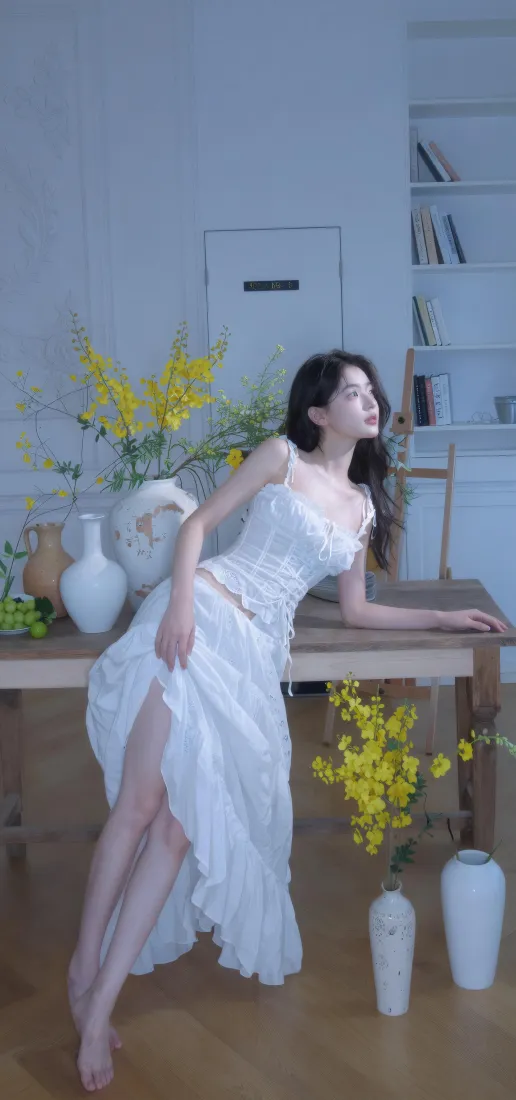 白衣美女手机壁纸｜室内清新背景图片 - 黄花花瓶氛围感人像「哲风壁纸」
