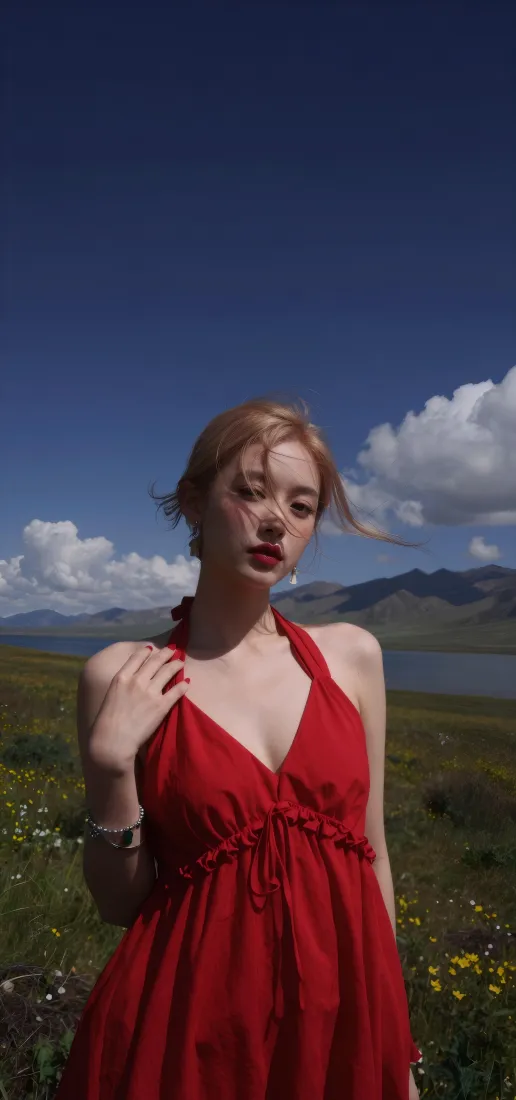 红裙美女手机壁纸｜草原湖泊背景图片 - 蓝天户外氛围感写真「哲风壁纸」