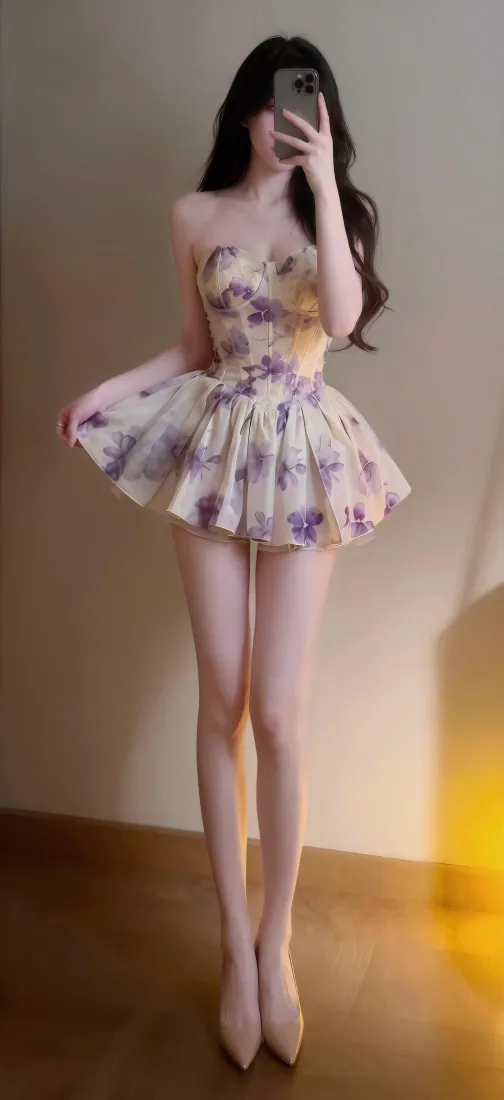 美女自拍手机壁纸｜碎花裙背景图片 - 对镜自拍穿搭「哲风壁纸」