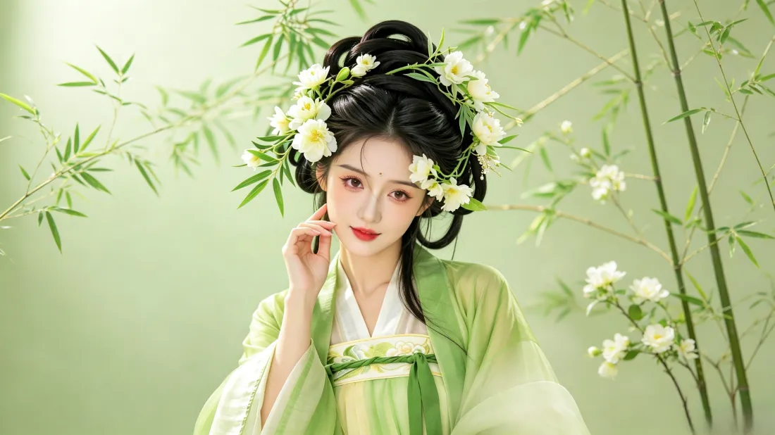 3k汉服美女壁纸｜古风写真背景图片 - 绿衣竹影白花发饰「哲风壁纸」