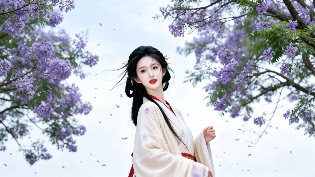 3k汉服美女壁纸|蓝花楹花树背景图片 - 白衣古风写真「哲风壁纸」 3k汉服美女壁纸|蓝花楹花树背景图片 - 白衣古风写真「哲风壁纸」